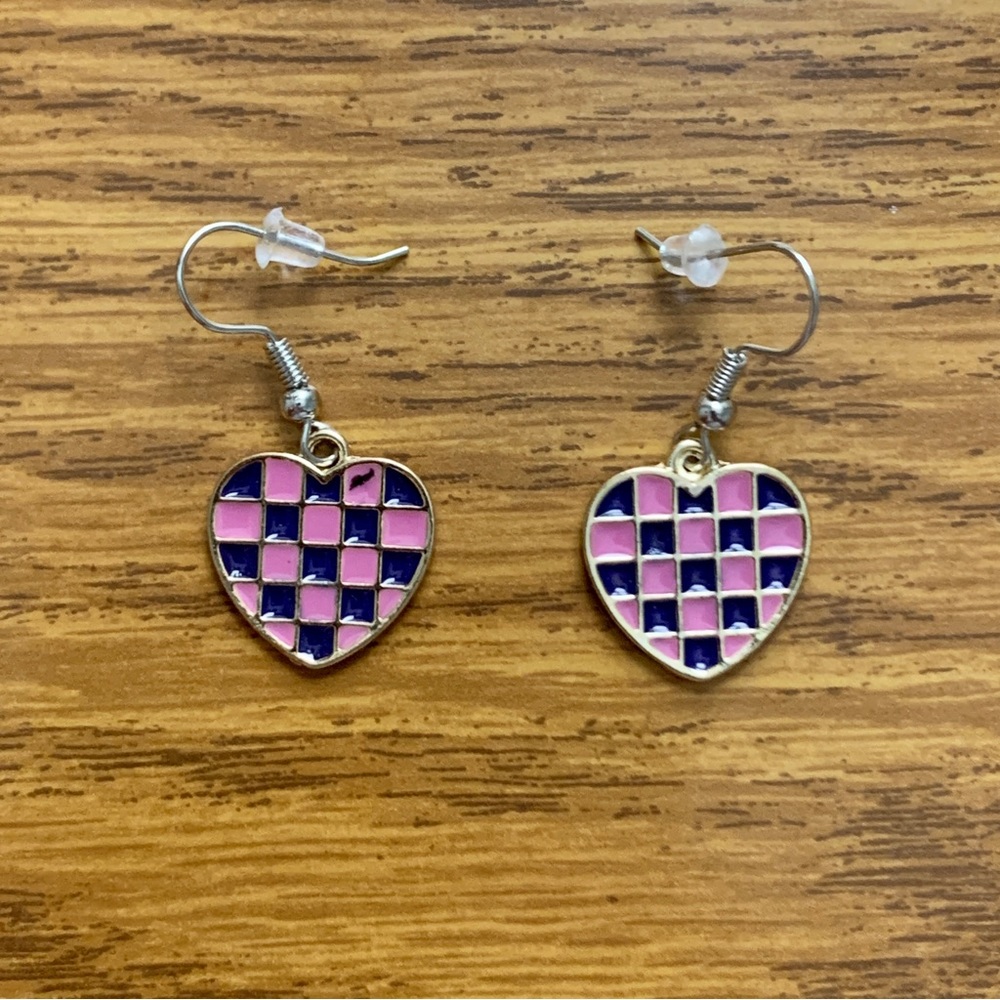 Pink Checkered Heart Dangle Earrings